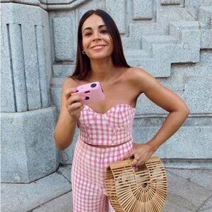 Zara Pink Gingham Bustier Crop Top Size S Smocked Back Strapless